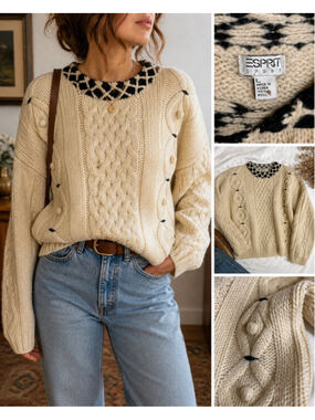 Vintage Esprit Sport Cable Knit Wool Fisherman Sweater L Preppy Chunky Heritage